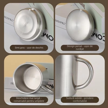 Cană din oțel inoxidabil 304 cu capac, ceașcă de ceai pentru birou, băieți, copii, ceașcă de cafea rezistentă la căderi, ceașcă de apă