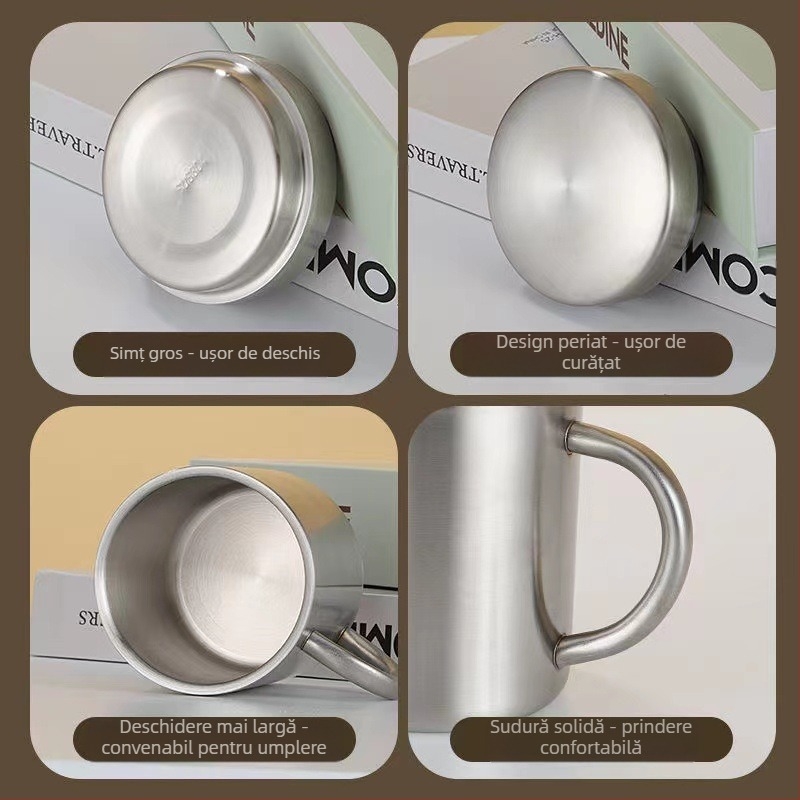 Cană din oțel inoxidabil 304 cu capac, ceașcă de ceai pentru birou, băieți, copii, ceașcă de cafea rezistentă la căderi, ceașcă de apă