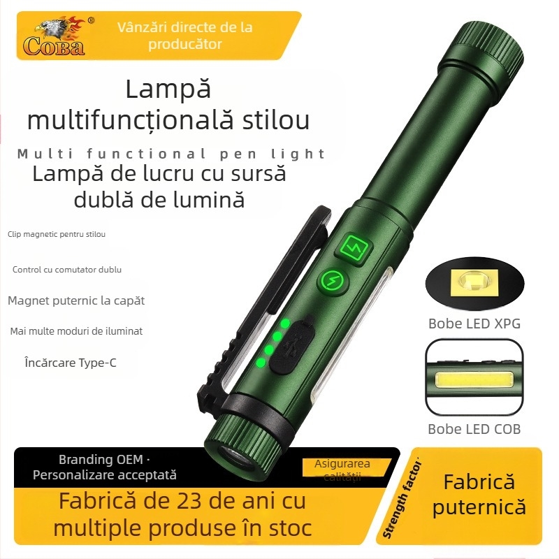 Nouă lampă cu stilou magnetic cu sursă dublă de lumină ultra-luminoasă cu rază lungă de acțiune, baterie uscată, baterie litiu, lanternă portabilă universală