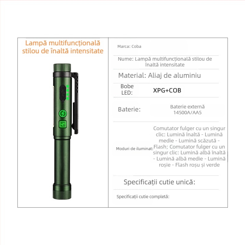 Nouă lampă cu stilou magnetic cu sursă dublă de lumină ultra-luminoasă cu rază lungă de acțiune, baterie uscată, baterie litiu, lanternă portabilă universală