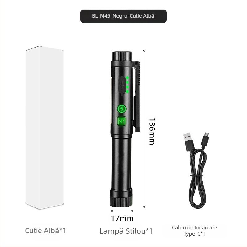 Nouă lampă cu stilou magnetic cu sursă dublă de lumină ultra-luminoasă cu rază lungă de acțiune, baterie uscată, baterie litiu, lanternă portabilă universală