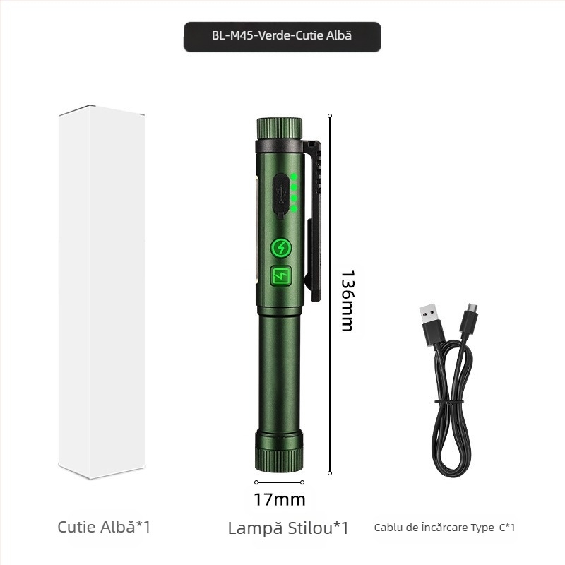 Nouă lampă cu stilou magnetic cu sursă dublă de lumină ultra-luminoasă cu rază lungă de acțiune, baterie uscată, baterie litiu, lanternă portabilă universală