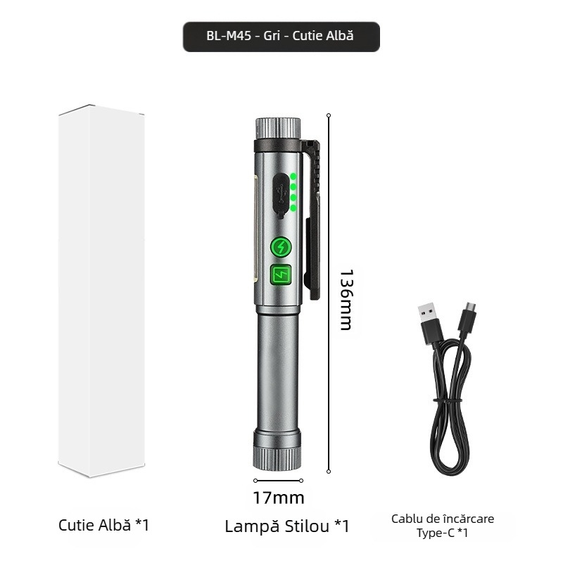 Nouă lampă cu stilou magnetic cu sursă dublă de lumină ultra-luminoasă cu rază lungă de acțiune, baterie uscată, baterie litiu, lanternă portabilă universală