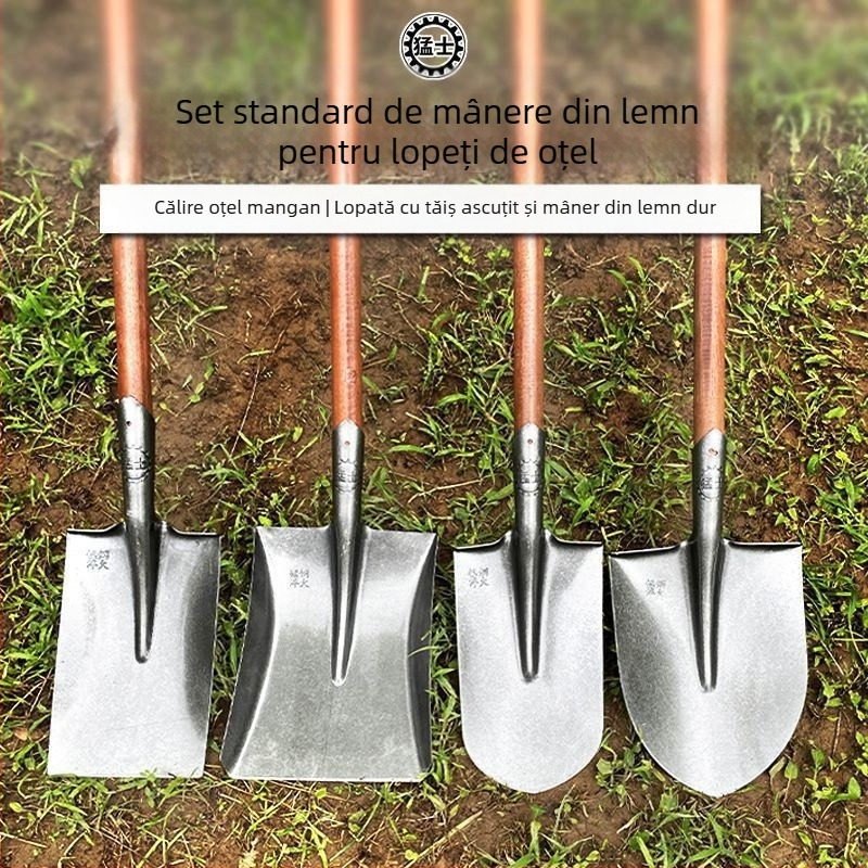 Lopată mare din oțel mangan, lopată pentru săpat în aer liber, afânarea solului, artefact, unelte de grădinărit pentru plantarea legumelor, mâner de lemn agricol, lingură de fier
