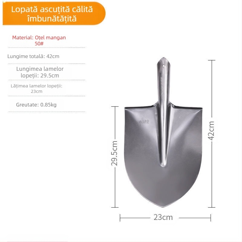Lopată mare din oțel mangan, lopată pentru săpat în aer liber, afânarea solului, artefact, unelte de grădinărit pentru plantarea legumelor, mâner de lemn agricol, lingură de fier