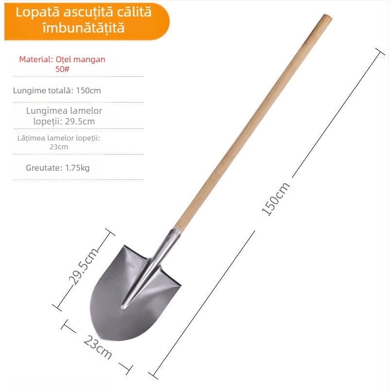 Lopată mare din oțel mangan, lopată pentru săpat în aer liber, afânarea solului, artefact, unelte de grădinărit pentru plantarea legumelor, mâner de lemn agricol, lingură de fier