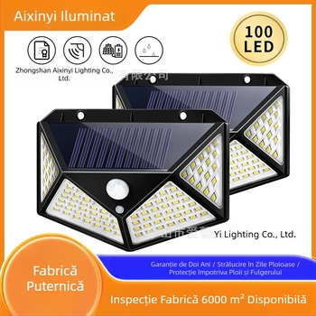 Lampă de perete solară transfrontalieră pentru curte exterioară, 100 LED, cu inducție pe patru laturi, pentru grădină și peisaj