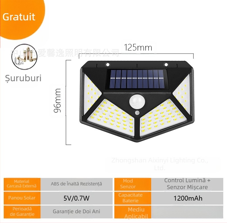 Lampă de perete solară transfrontalieră pentru curte exterioară, 100 LED, cu inducție pe patru laturi, pentru grădină și peisaj