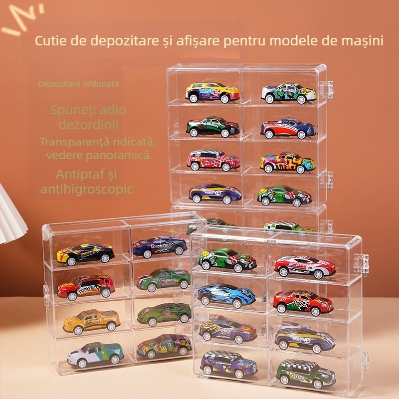 Cutie de prezentare pentru depozitarea modelelor de mașini mici, cu 4 straturi și 8 grile, suport de afișare rezistent la praf, pentru modele de mașini de jucărie, transparent