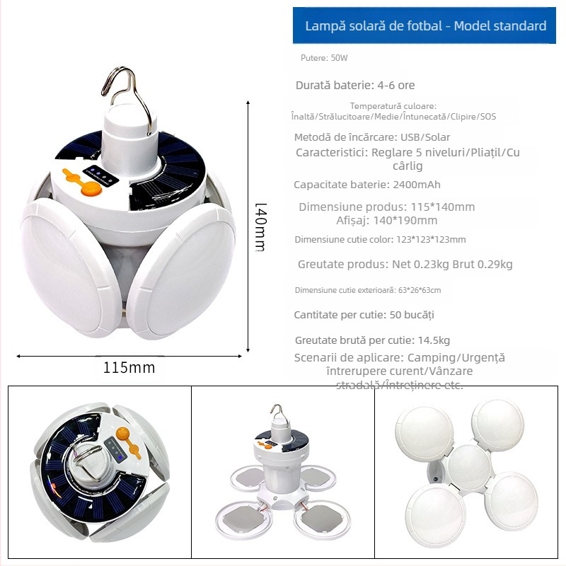 Bec solar reîncărcabil pentru urgențe în caz de întrerupere a curentului, tarabă de piață nocturnă, lumină de fotbal pliabilă cu LED-uri de uz casnic, economisitoare de energie, o lumină puternică