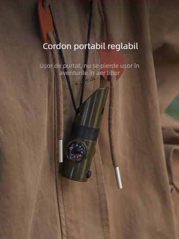Fluier multifuncțional șapte în unu pentru camping în aer liber, fluier de supraviețuire pentru prietenul măgarului, fluier de salvare a vieții cu lanternă, termometru și busolă