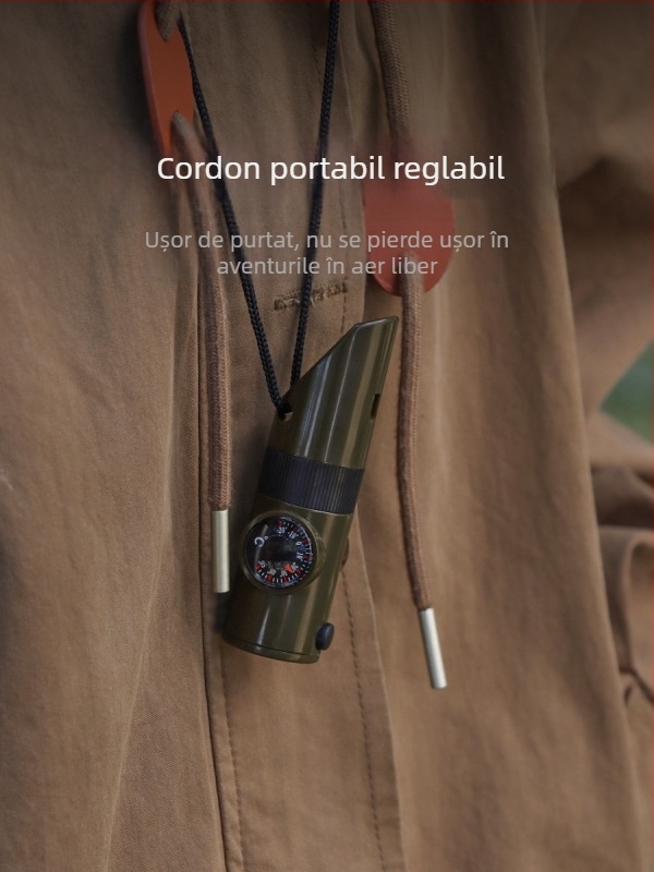Fluier multifuncțional șapte în unu pentru camping în aer liber, fluier de supraviețuire pentru prietenul măgarului, fluier de salvare a vieții cu lanternă, termometru și busolă