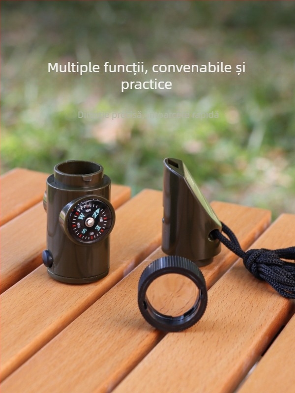Fluier multifuncțional șapte în unu pentru camping în aer liber, fluier de supraviețuire pentru prietenul măgarului, fluier de salvare a vieții cu lanternă, termometru și busolă