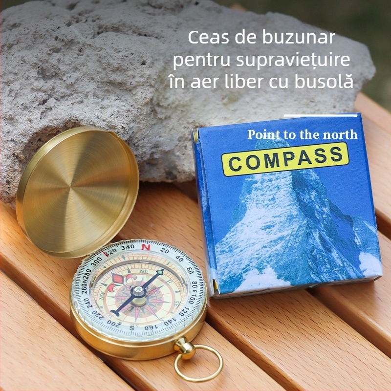 Ceas de buzunar din alamă North Needle G50, busolă retro cu flip, alpinism în aer liber, multifuncțional, cu capac luminos