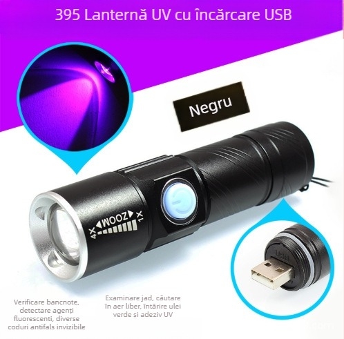 Lanternă DARKBEAM reîncărcabilă violet USB395nmUV, detectare agent fluorescent, verificare bancnote anti-falsificare, identificare Jade