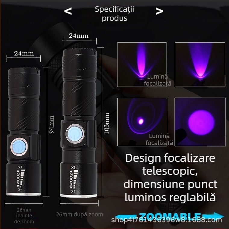 Lanternă DARKBEAM reîncărcabilă violet USB395nmUV, detectare agent fluorescent, verificare bancnote anti-falsificare, identificare Jade