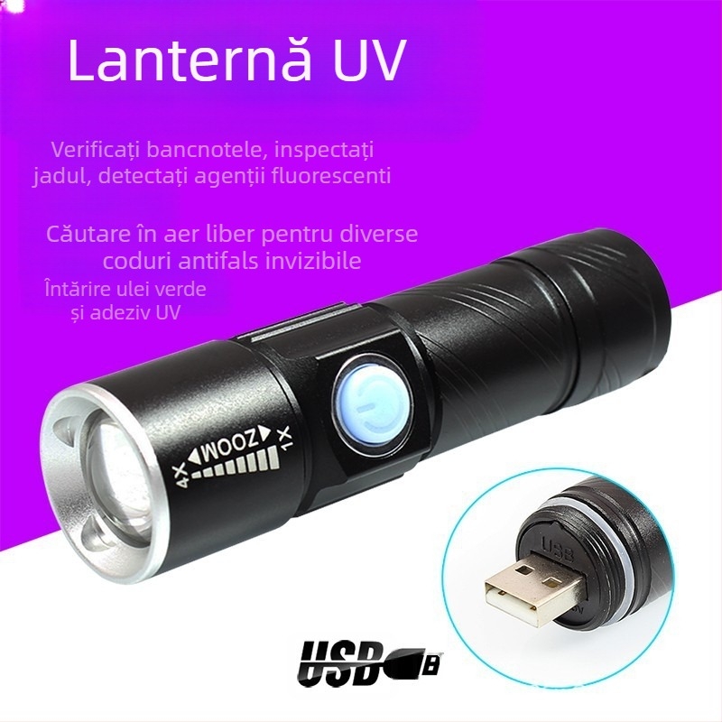 Lanternă DARKBEAM reîncărcabilă violet USB395nmUV, detectare agent fluorescent, verificare bancnote anti-falsificare, identificare Jade