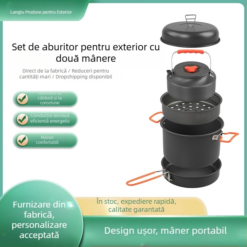 Set de camping din aliaj de aluminiu 718 pentru exterior, oală cu abur cu două urechi, portabil, cu patru piese, vase de gătit split pentru exterior