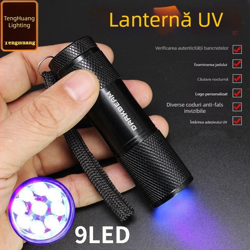 Producătorii transfrontalieri furnizează direct lampă fluorescentă cu detector de bani din aliaj de aluminiu cu lanternă violetă cu 9 LED-uri, UV, ultraviolet