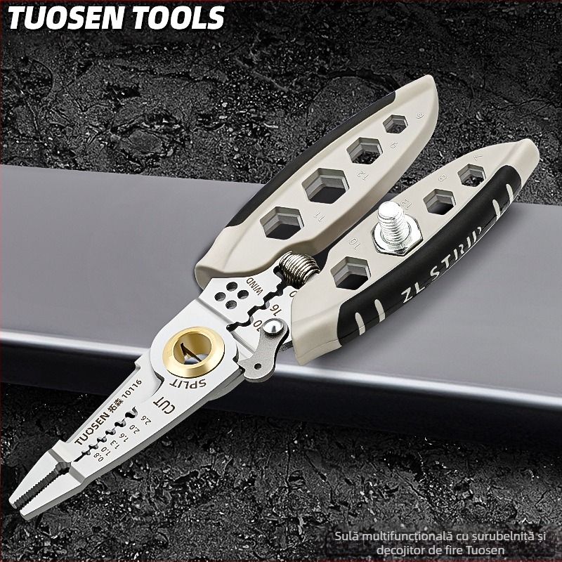 Dezizolator de sârmă multifuncțional Tuosen, instrument special pentru electricieni, tăietor de sârmă, tragerea sârmei, presarea sârmei, șurub de înfășurare a sârmei