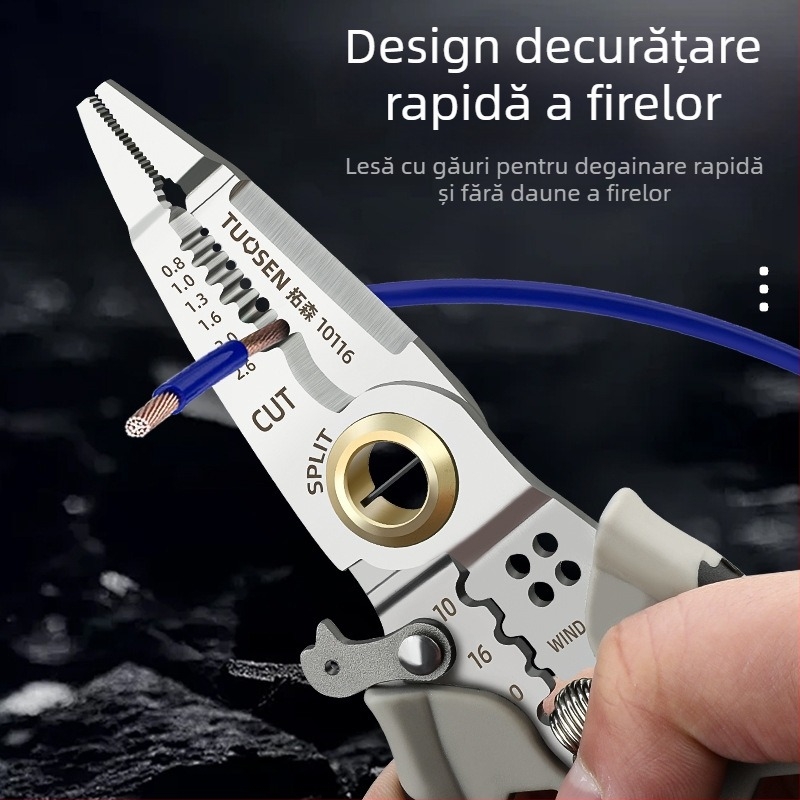 Dezizolator de sârmă multifuncțional Tuosen, instrument special pentru electricieni, tăietor de sârmă, tragerea sârmei, presarea sârmei, șurub de înfășurare a sârmei