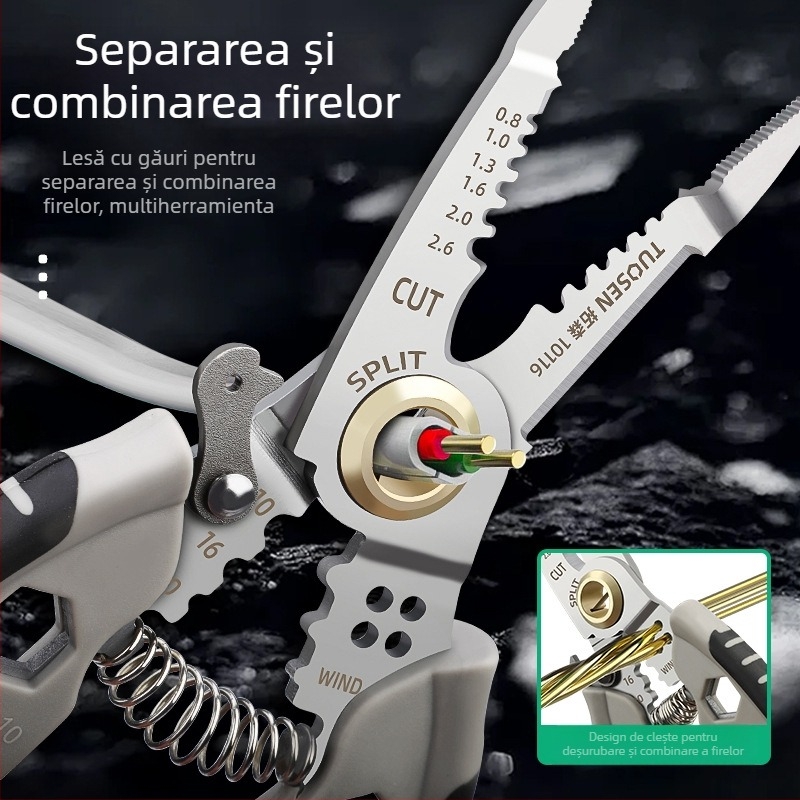 Dezizolator de sârmă multifuncțional Tuosen, instrument special pentru electricieni, tăietor de sârmă, tragerea sârmei, presarea sârmei, șurub de înfășurare a sârmei