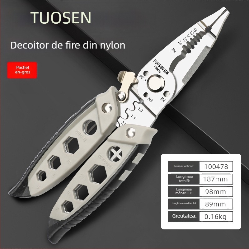 Dezizolator de sârmă multifuncțional Tuosen, instrument special pentru electricieni, tăietor de sârmă, tragerea sârmei, presarea sârmei, șurub de înfășurare a sârmei