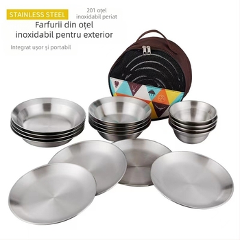 Set de farfurii din oțel inoxidabil pentru exterior, camping, grătar, tacâmuri portabile, auto-conducere, farfurie pentru grătar, bazin pentru supă, bol, set de farfurii