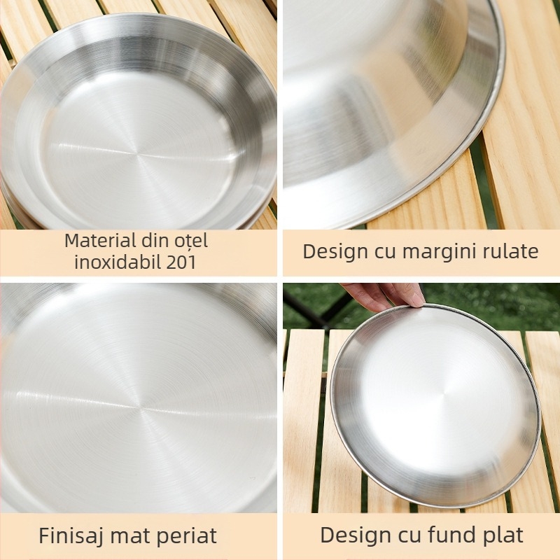 Set de farfurii din oțel inoxidabil pentru exterior, camping, grătar, tacâmuri portabile, auto-conducere, farfurie pentru grătar, bazin pentru supă, bol, set de farfurii