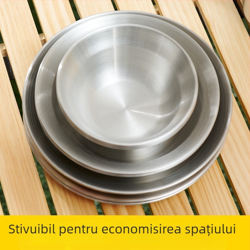 Set de farfurii din oțel inoxidabil pentru exterior, camping, grătar, tacâmuri portabile, auto-conducere, farfurie pentru grătar, bazin pentru supă, bol, set de farfurii
