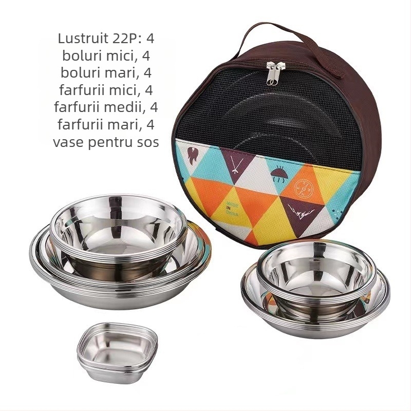 Set de farfurii din oțel inoxidabil pentru exterior, camping, grătar, tacâmuri portabile, auto-conducere, farfurie pentru grătar, bazin pentru supă, bol, set de farfurii