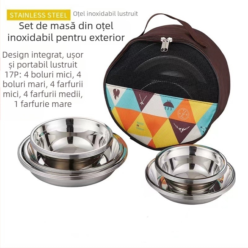 Set de farfurii din oțel inoxidabil pentru exterior, camping, grătar, tacâmuri portabile, auto-conducere, farfurie pentru grătar, bazin pentru supă, bol, set de farfurii