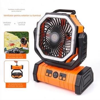 Ventilator de camping cu lumină pentru exterior, ventilator de uz casnic, încărcare telefon mobil, lumină LED cu cârlig dublu, ventilator de camping F6