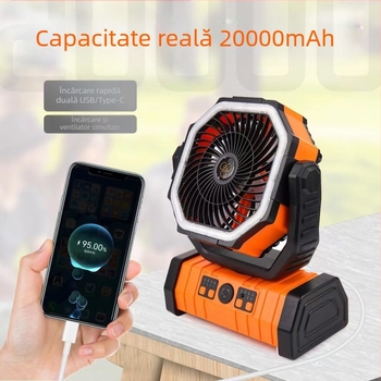 Ventilator de camping cu lumină pentru exterior, ventilator de uz casnic, încărcare telefon mobil, lumină LED cu cârlig dublu, ventilator de camping F6