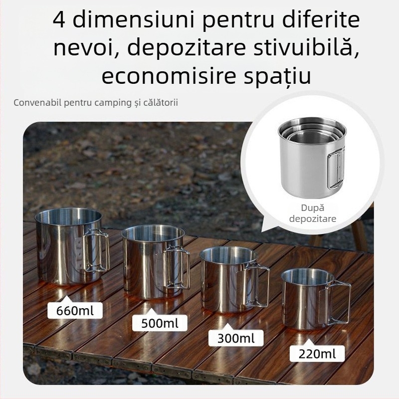 Set de pahare portabile din oțel inoxidabil multifuncțional pentru camping, veselă pentru camping, alpinism, pahar de apă multifuncțional cu 4 piese