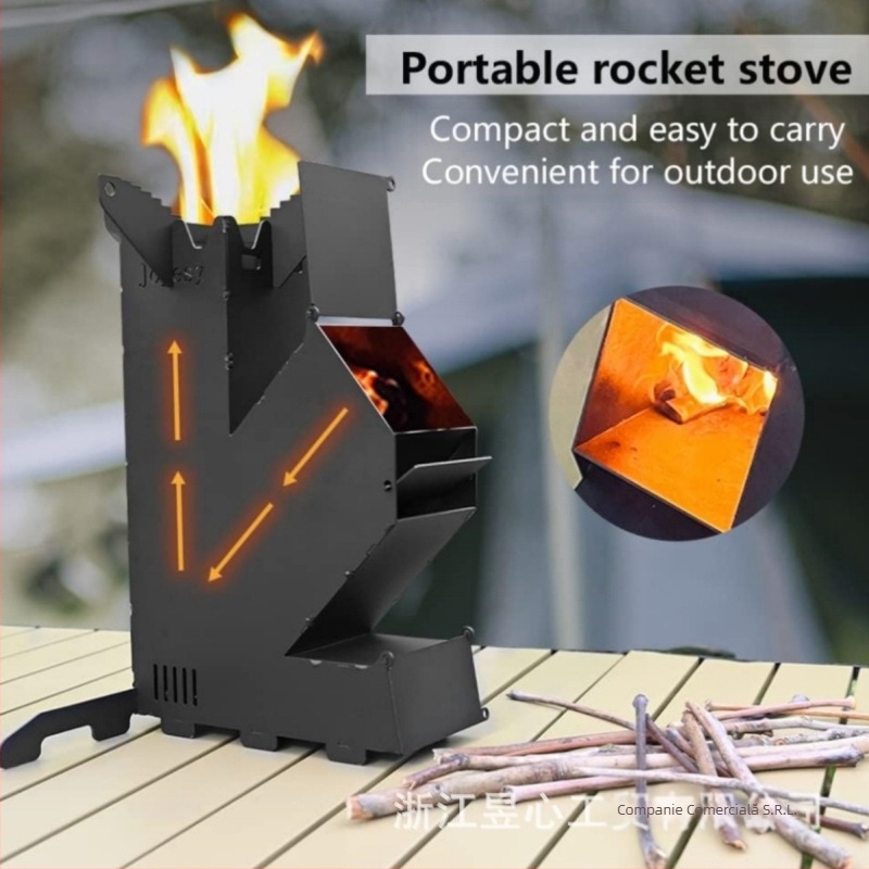 Sobă portabilă din lemn cu mini-rachetă, sobă pe lemne pentru gătit în curte, grătar pe terasă