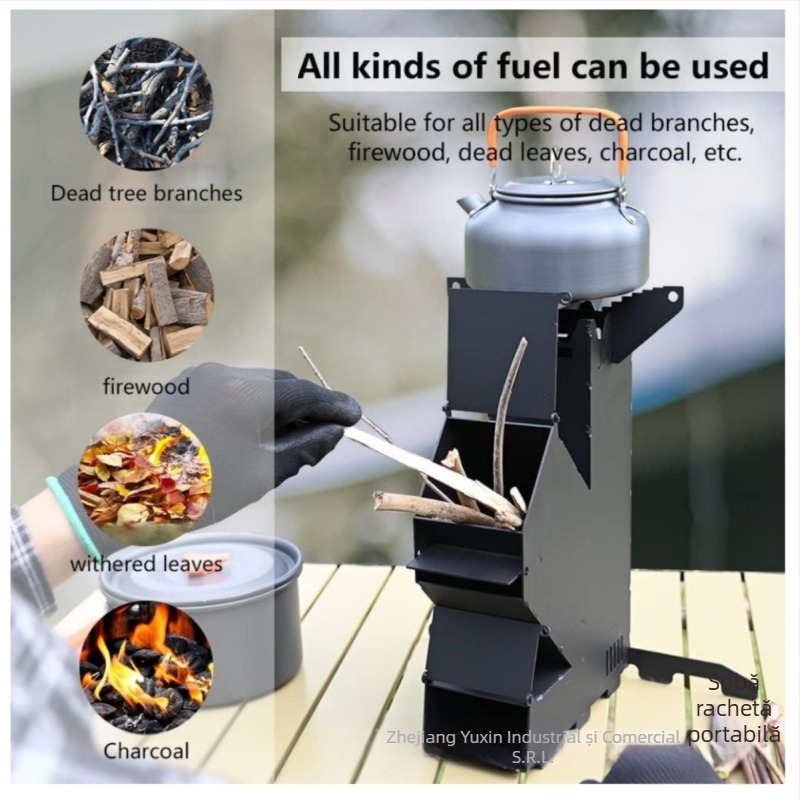 Sobă portabilă din lemn cu mini-rachetă, sobă pe lemne pentru gătit în curte, grătar pe terasă