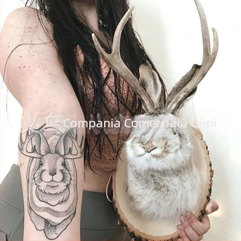 Iepure exploziv din coarne de cerb, taxidermie tradițională pe plăci de lemn negru, decorațiuni cadou pentru casă nouă