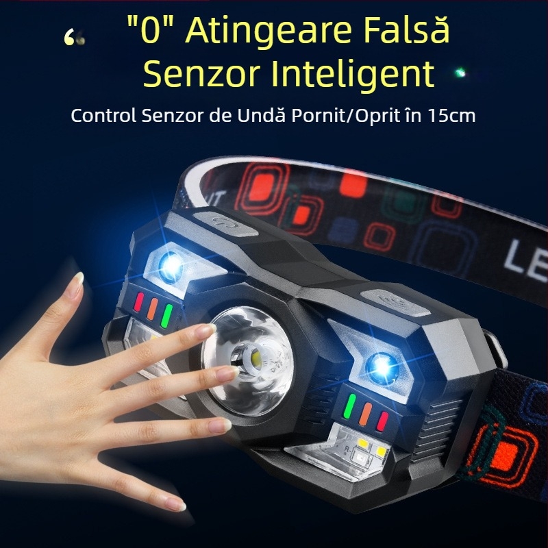 În numele exploziei de lumină puternică, lampă frontală inteligentă cu inducție multifuncțională pentru pescuit nocturn în aer liber, lampă portabilă reîncărcabilă cu rază lungă de acțiune, pentru miner.