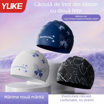 Cască de înot pentru femei, silicon impermeabil, anticlor, păr lung, protecție pentru urechi, mărime plus, pentru adulți, bărbați, cu imprimeu față-verso, cască de înot