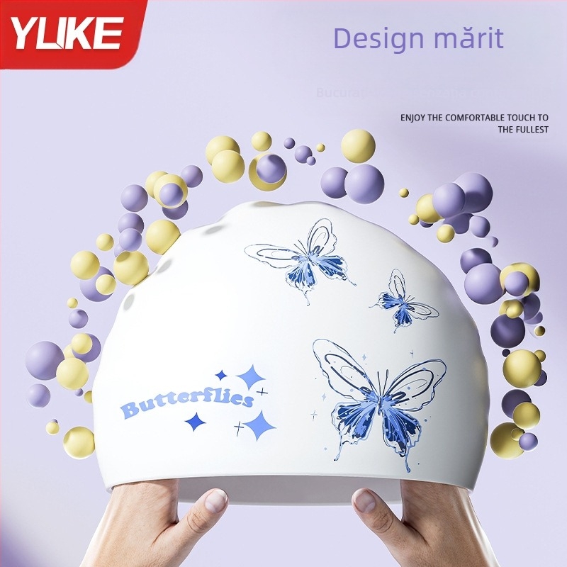 Cască de înot pentru femei, silicon impermeabil, anticlor, păr lung, protecție pentru urechi, mărime plus, pentru adulți, bărbați, cu imprimeu față-verso, cască de înot