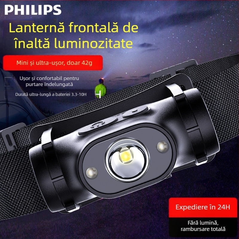 Lanternă frontală cu inducție Philips, lumină puternică specială pentru pescuit nocturn, încărcare montată pe cap, iluminare super strălucitoare, lanternă de lungă durată