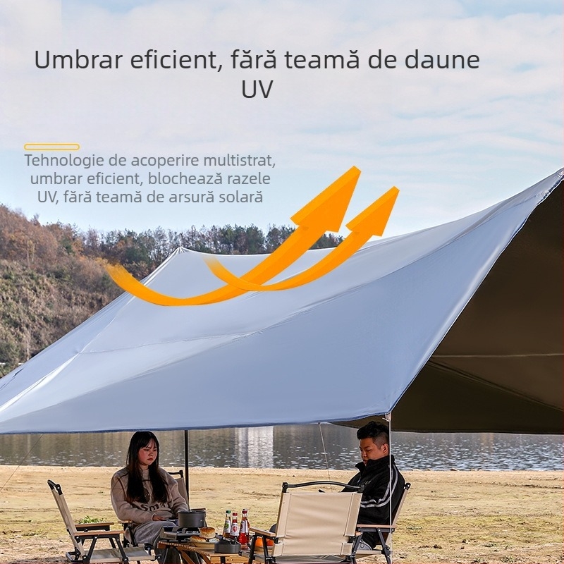 Cort octogonal din cauciuc negru, pentru camping în aer liber, cu umbrelă supradimensionată din pânză Oxford, rezistent la UV, din cauciuc negru