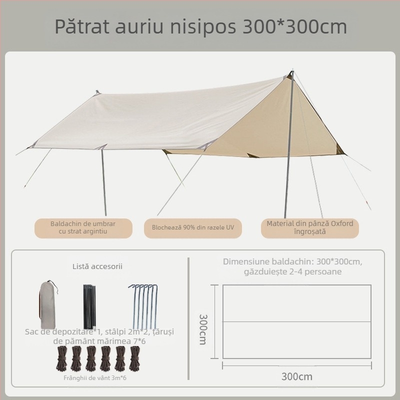 Cort octogonal din cauciuc negru, pentru camping în aer liber, cu umbrelă supradimensionată din pânză Oxford, rezistent la UV, din cauciuc negru