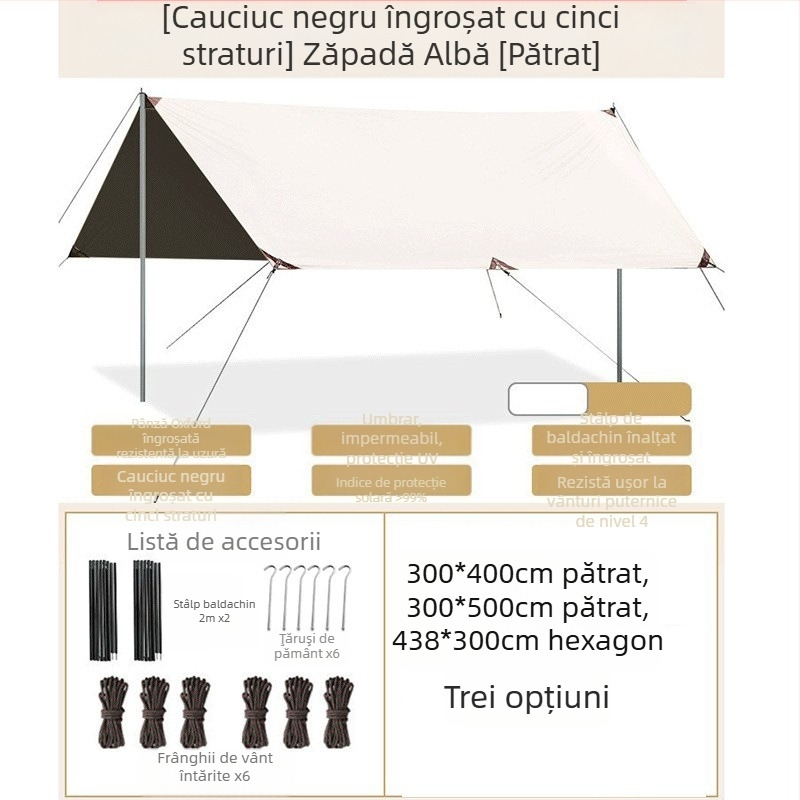 Cort octogonal din cauciuc negru, pentru camping în aer liber, cu umbrelă supradimensionată din pânză Oxford, rezistent la UV, din cauciuc negru