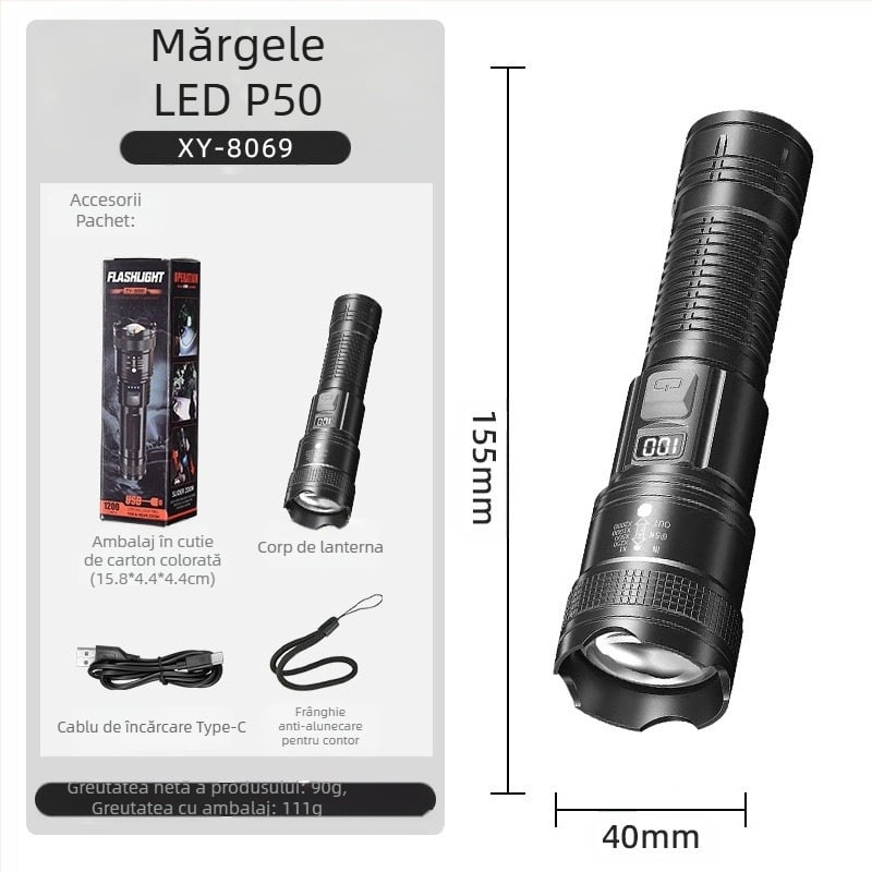 Reflector de patrulare în aer liber transfrontalier, lanternă cu lumină puternică cu rază lungă de acțiune, încărcare portabilă, lanternă telescopică mică, proiector en-gros P50