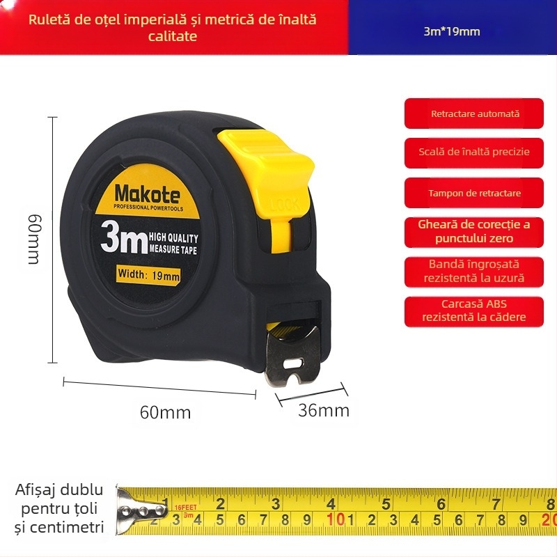 Ruletă britanică pentru comerț exterior, 5 m, 3 m, bandă de oțel, riglă rezistentă la uzură, îngroșată, de înaltă precizie, tip cutie, bandă de măsurare