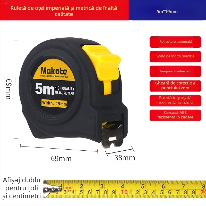 Ruletă britanică pentru comerț exterior, 5 m, 3 m, bandă de oțel, riglă rezistentă la uzură, îngroșată, de înaltă precizie, tip cutie, bandă de măsurare