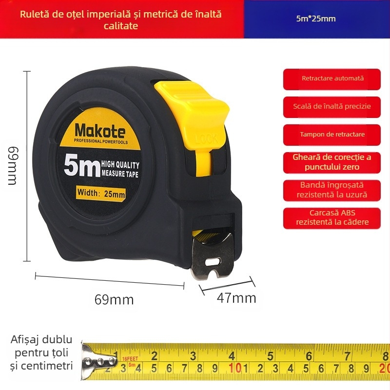 Ruletă britanică pentru comerț exterior, 5 m, 3 m, bandă de oțel, riglă rezistentă la uzură, îngroșată, de înaltă precizie, tip cutie, bandă de măsurare