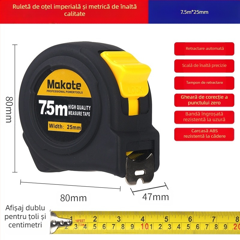 Ruletă britanică pentru comerț exterior, 5 m, 3 m, bandă de oțel, riglă rezistentă la uzură, îngroșată, de înaltă precizie, tip cutie, bandă de măsurare